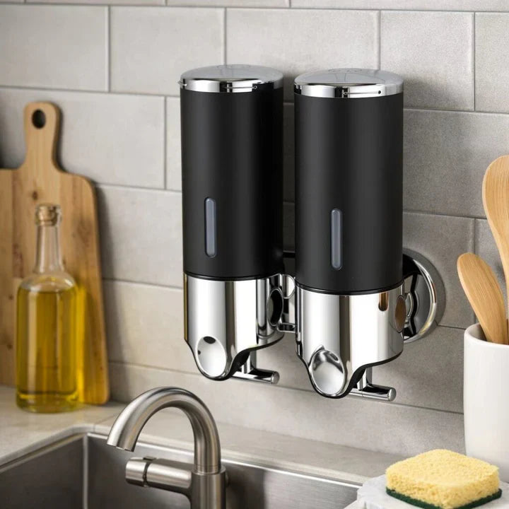 Wandzeepdispenser | Afwasmiddel dispenser Set | Zwart, Zilver & Transparant | ZeepFlow