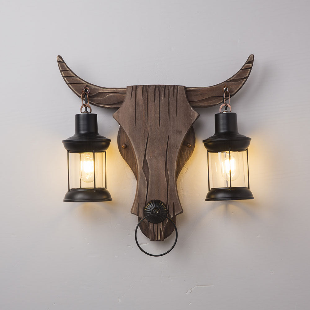 Austin Wandlamp Bull Shape Vintage, 2 Koppen Hout/Metaal, Slaapkamer