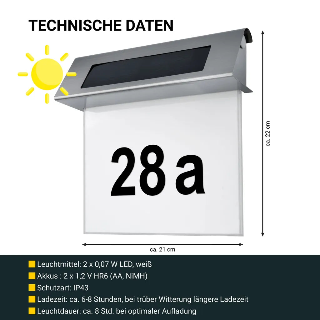 Zonne-energie Huisnummer met LED-verlichting zonder stroom van roestvrij staal | Solarno