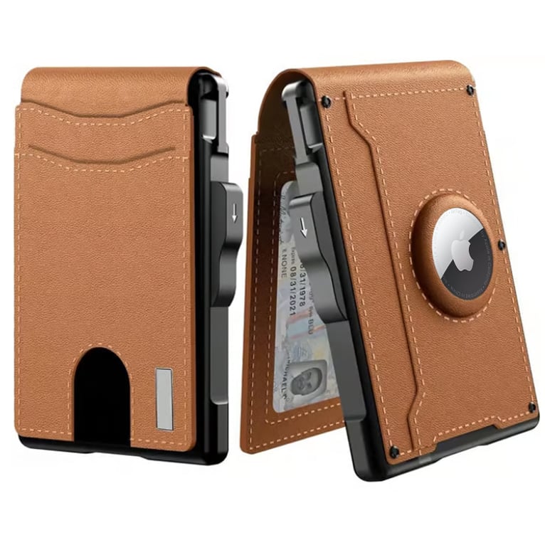 Pop Up aluminium tas Geld Clip Slanke Lederen Slots Creditcardhouder RFID Blokkerende Bifold Minimalistische Portemonnee