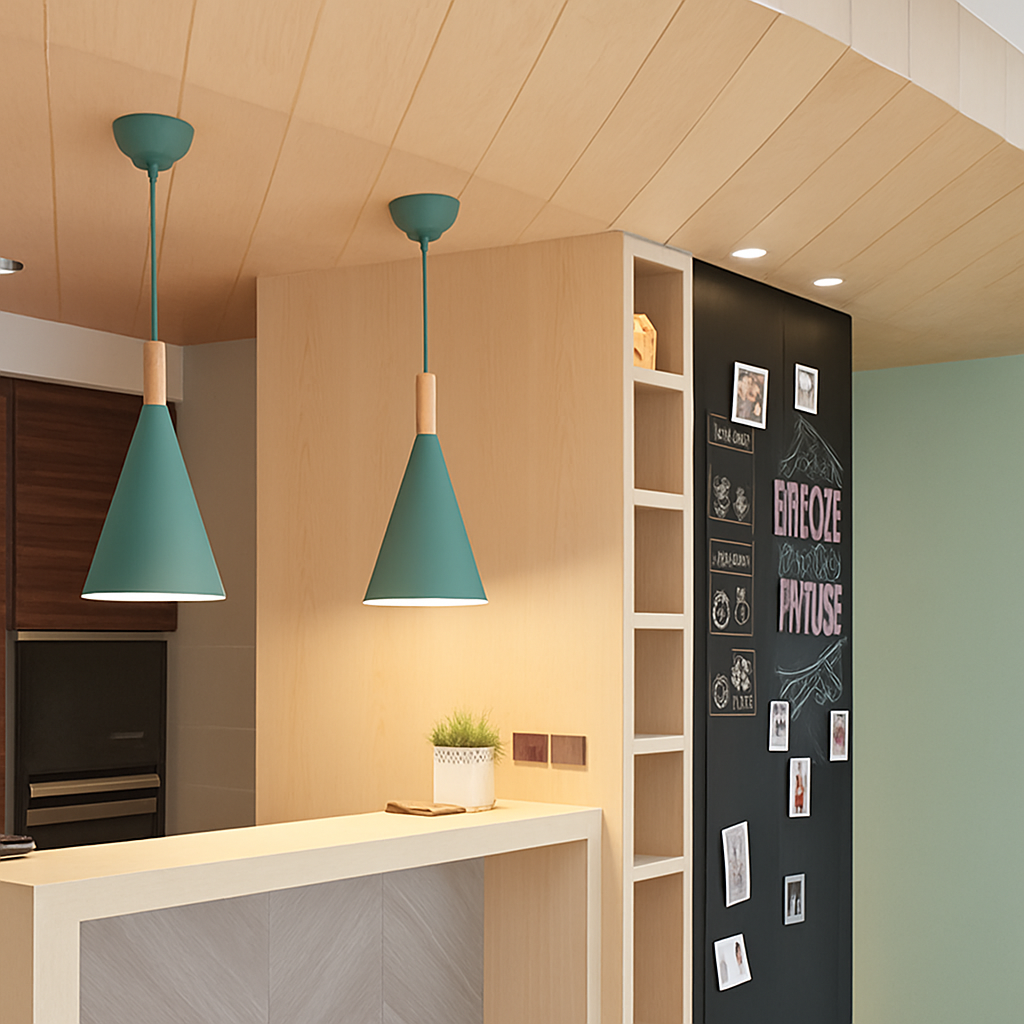 Conische metalen hanglamp met houten stok Bar