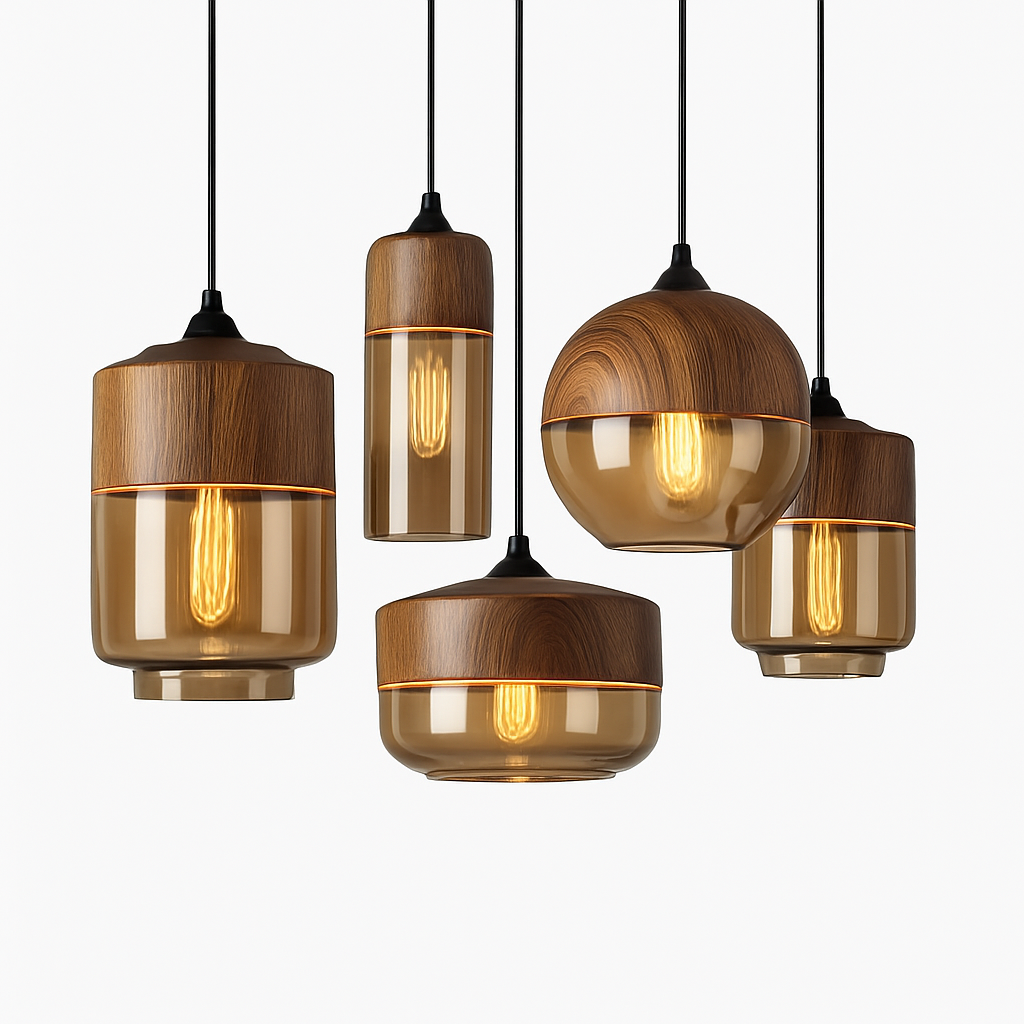 Houten en glazen retro loft hanglamp