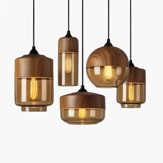 Houten en glazen retro loft hanglamp
