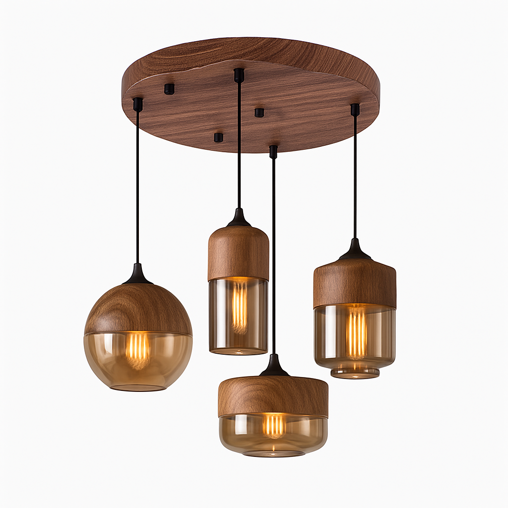 Houten en glazen retro loft hanglamp