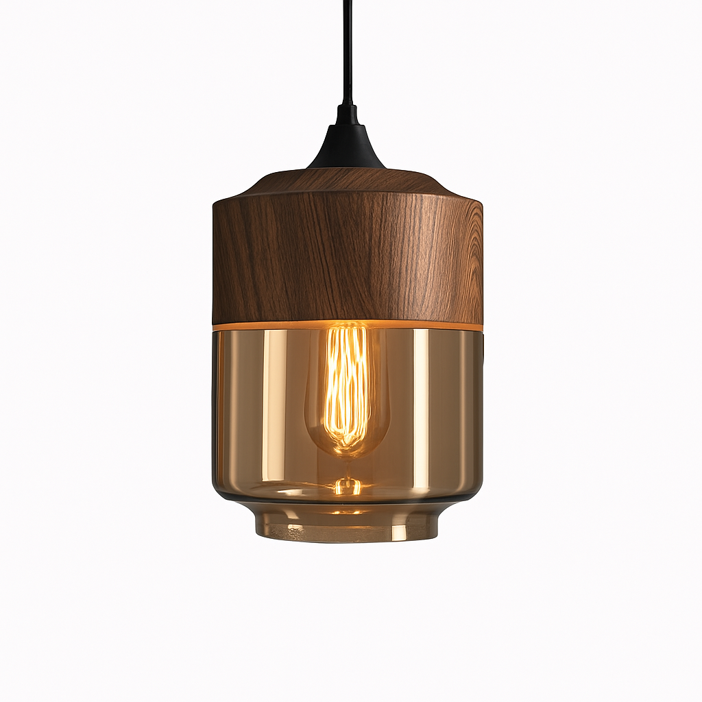 Houten en glazen retro loft hanglamp