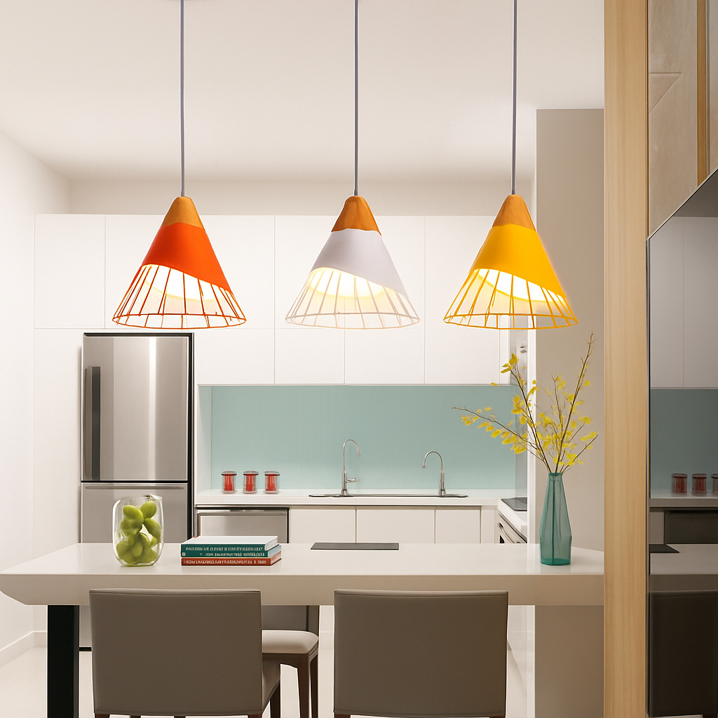 Design hanglamp van hout met gekleurde kooi