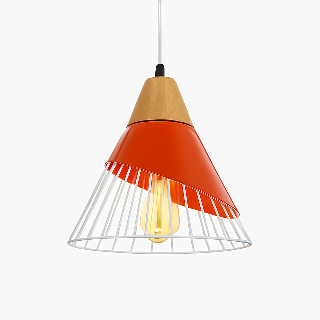 Design hanglamp van hout met gekleurde kooi