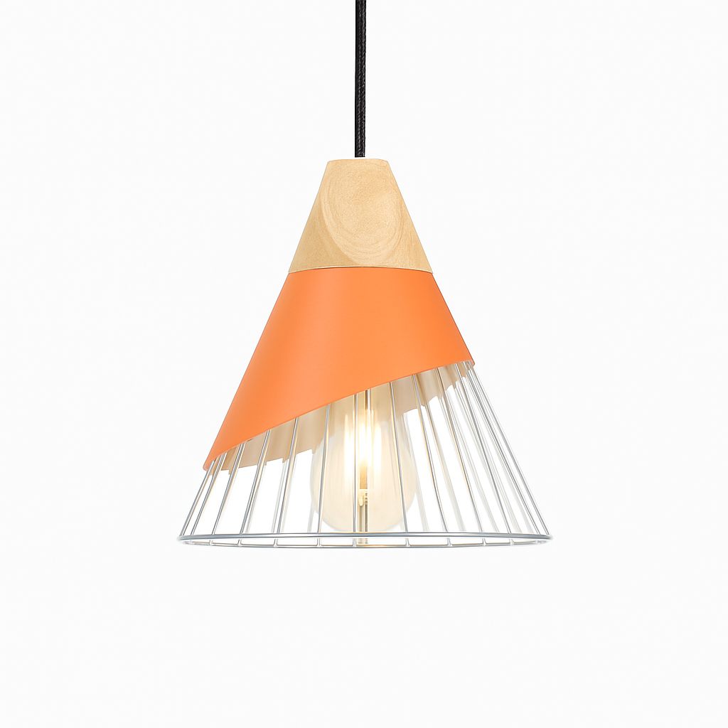 Design hanglamp van hout met gekleurde kooi