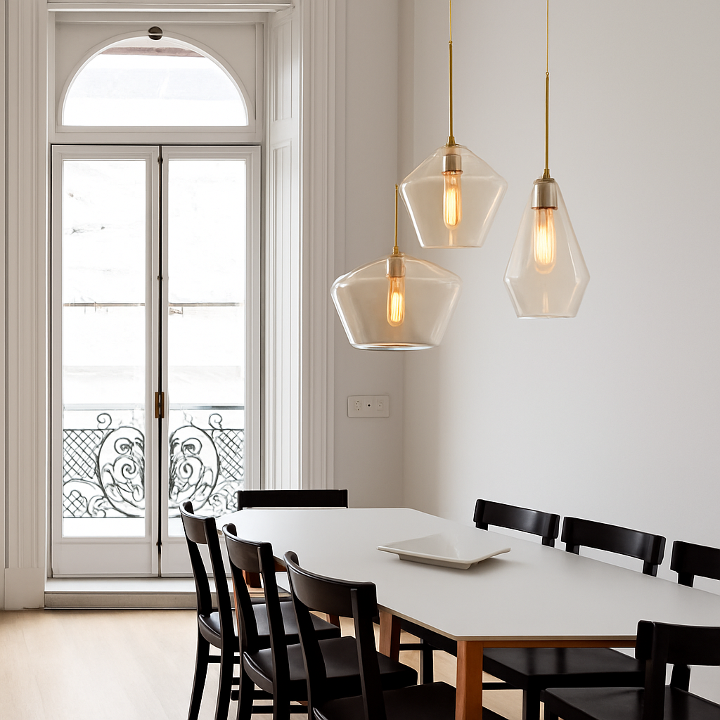 LED-hanglamp van metaal en glas in verschillende vormen