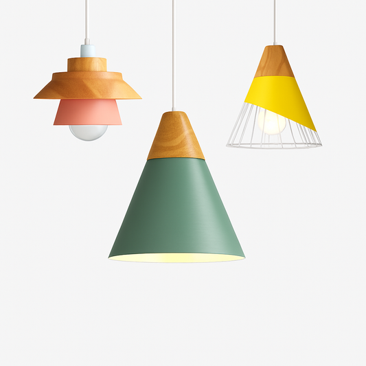Kleurige metalen en houten hanglamp in verschillende Nordic vormen