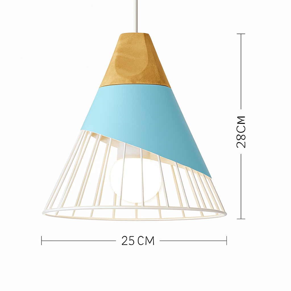 Kleurige metalen en houten hanglamp in verschillende Nordic vormen