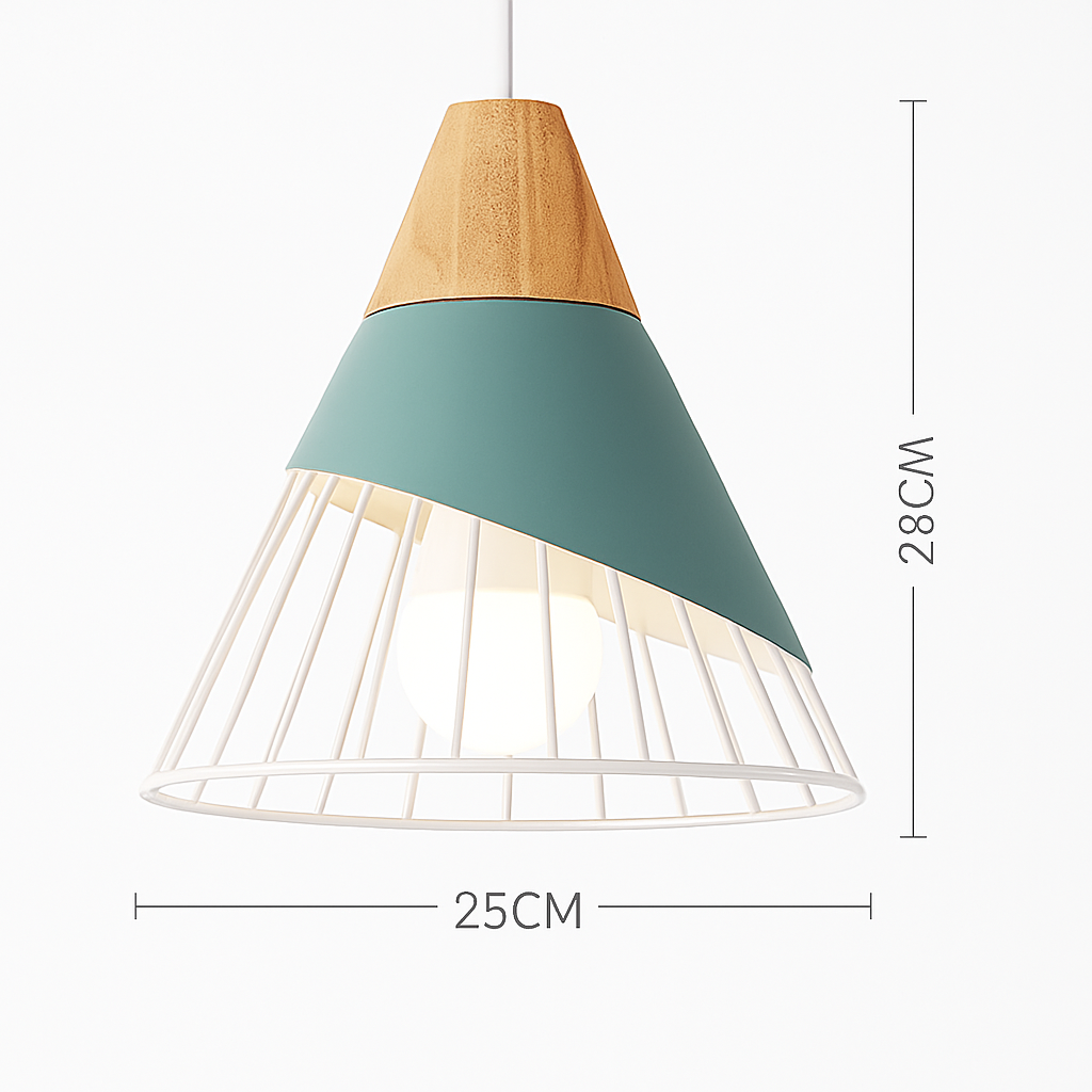 Kleurige metalen en houten hanglamp in verschillende Nordic vormen