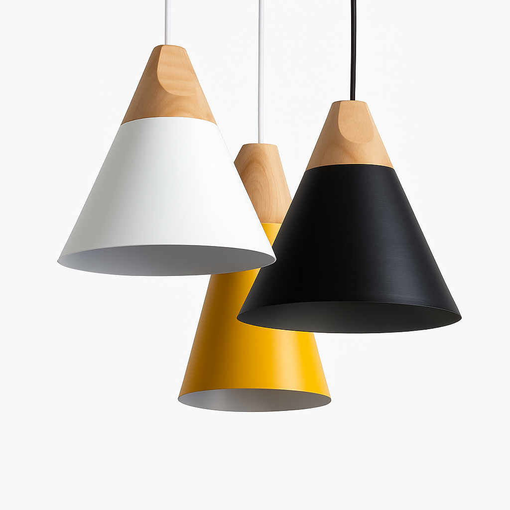 Hanglamp LED hout en aluminium in de vorm van een kegel