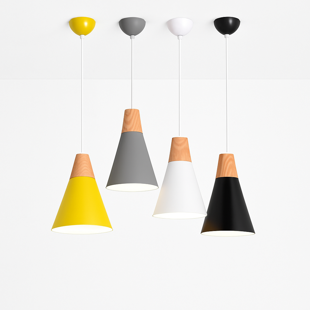 Hanglamp LED hout en aluminium in de vorm van een kegel