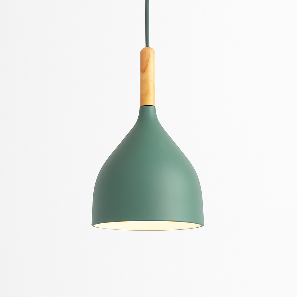 Kleurrijke metalen LED hanglamp en houten Nordic stok