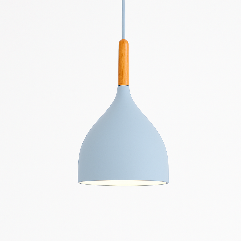 Kleurrijke metalen LED hanglamp en houten Nordic stok