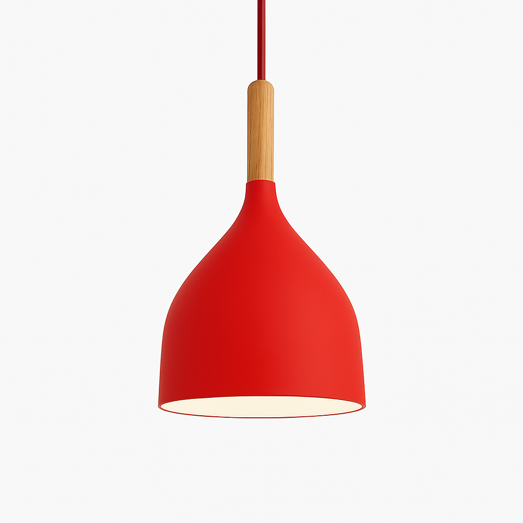 Kleurrijke metalen LED hanglamp en houten Nordic stok