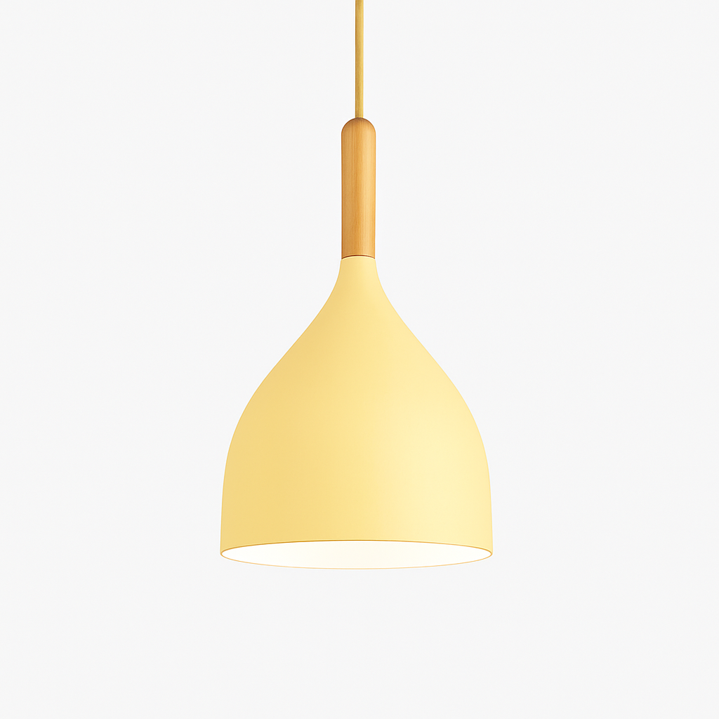 Kleurrijke metalen LED hanglamp en houten Nordic stok