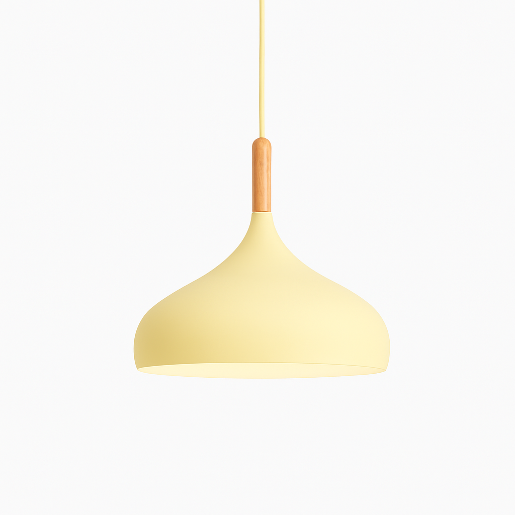 Kleurrijke metalen LED hanglamp en houten Nordic stok