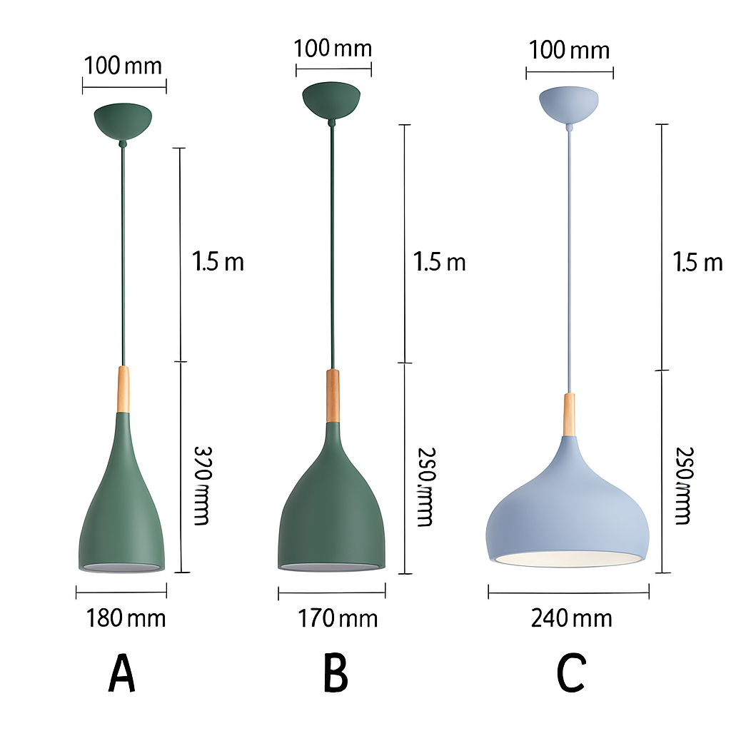 Kleurrijke metalen LED hanglamp en houten Nordic stok
