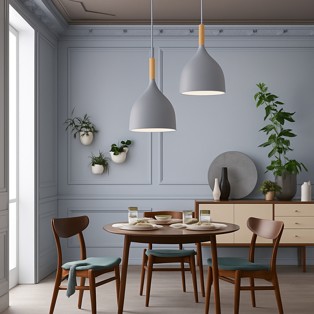Kleurrijke metalen LED hanglamp en houten Nordic stok