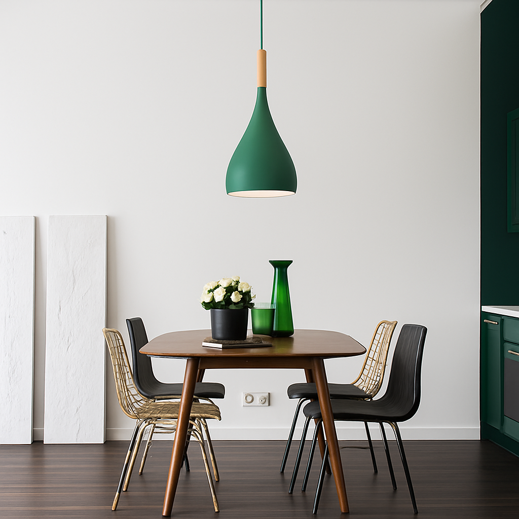 Kleurrijke metalen LED hanglamp en houten Nordic stok