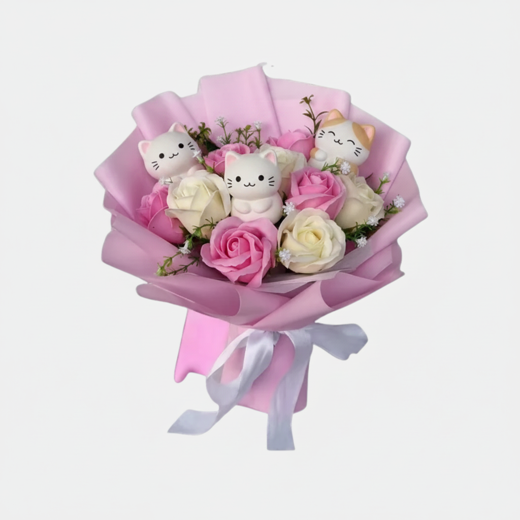 Kleurvolle Synthetische Bloemenboeket met Schattige Kattenfiguren voor Cadeaus en Decoratie