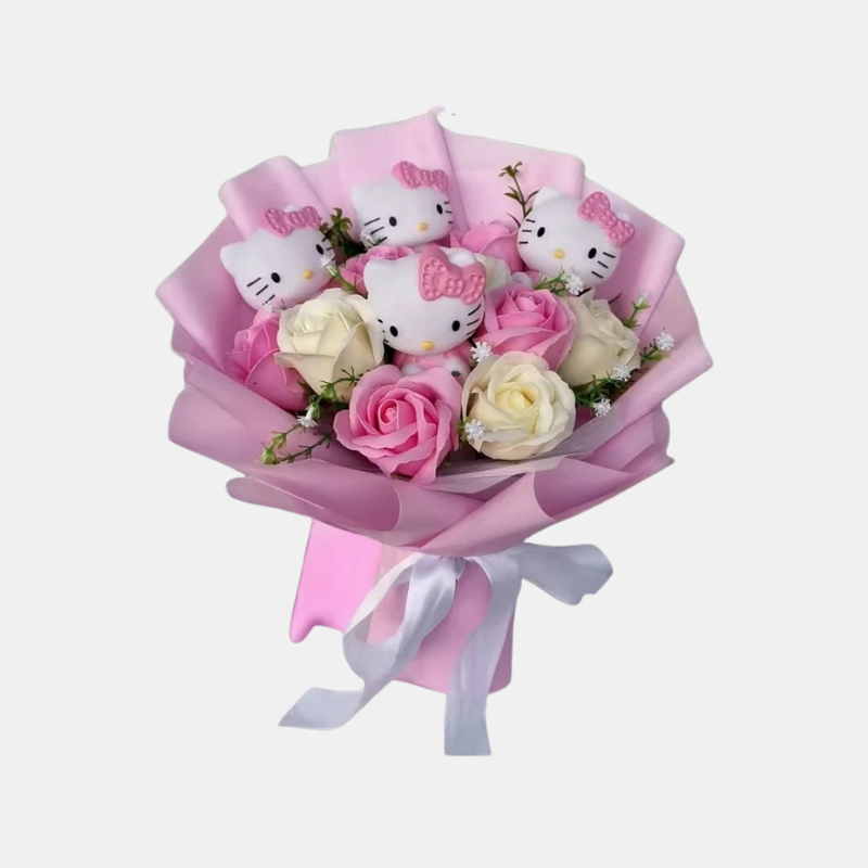 Kleurvolle Synthetische Bloemenboeket met Hello Kitty Figurines voor Cadeaus en Decoratie