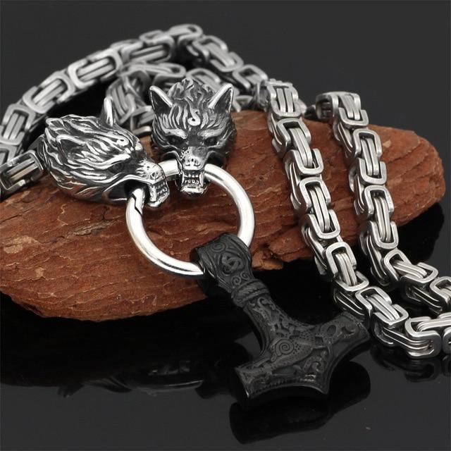 60–90 cm RVS Dubbele Wolfskop & Mjolnir Overlevingsgeest Hanger/Armband