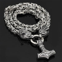 60–90 cm RVS Dubbele Wolfskop & Mjolnir Overlevingsgeest Hanger/Armband