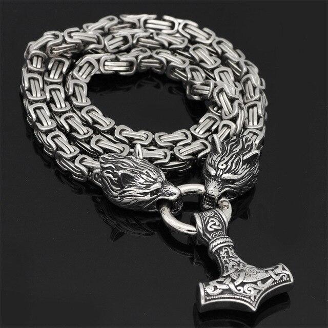60–90 cm RVS Dubbele Wolfskop & Mjolnir Overlevingsgeest Hanger/Armband