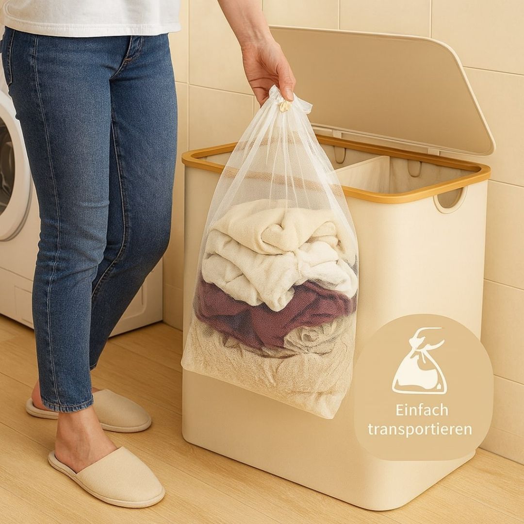 Wasmand met Deksel | Wasverzamelaar met 3 Vakken in Zwart, Beige & Grijs | WasBox