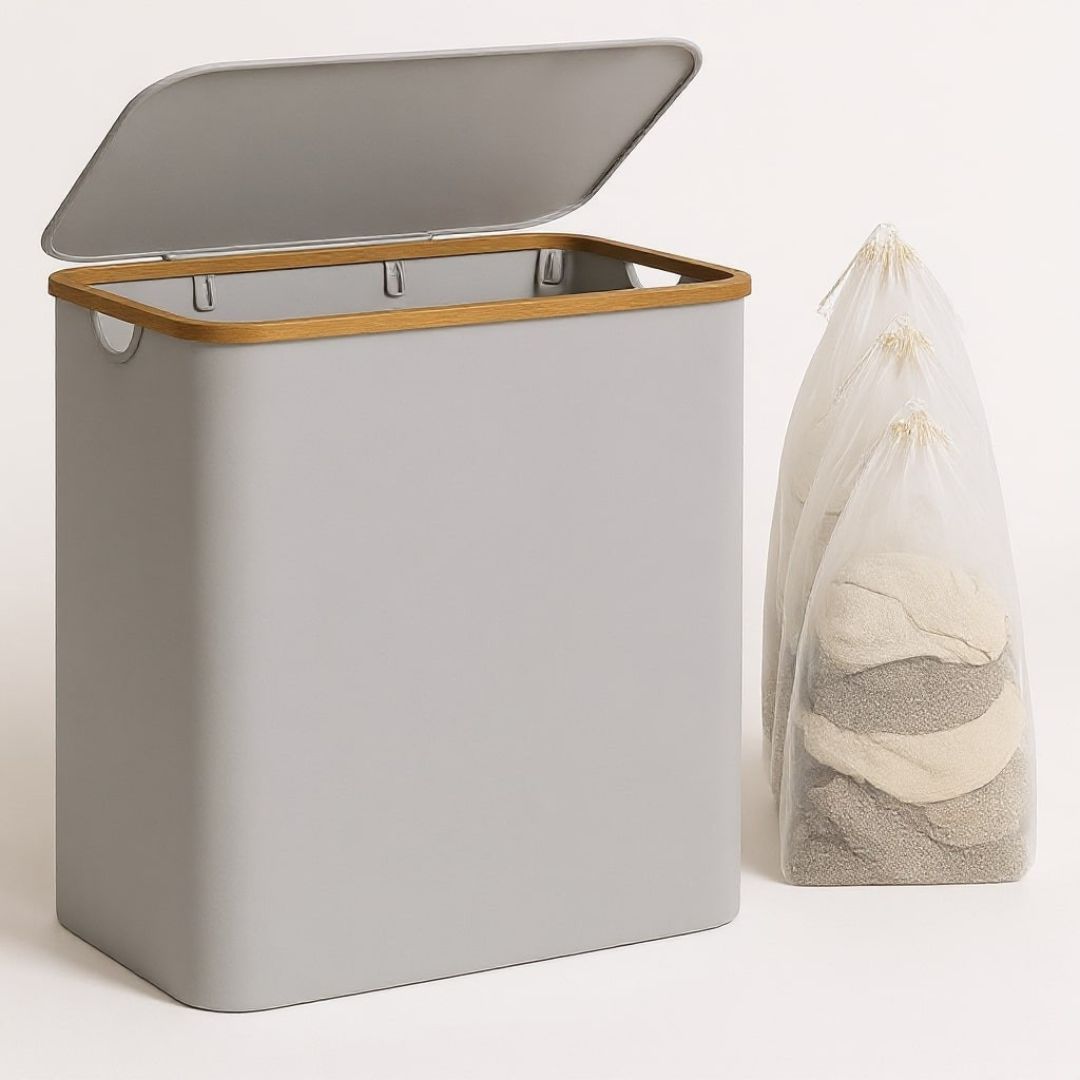 Wasmand met Deksel | Wasverzamelaar met 3 Vakken in Zwart, Beige & Grijs | WasBox