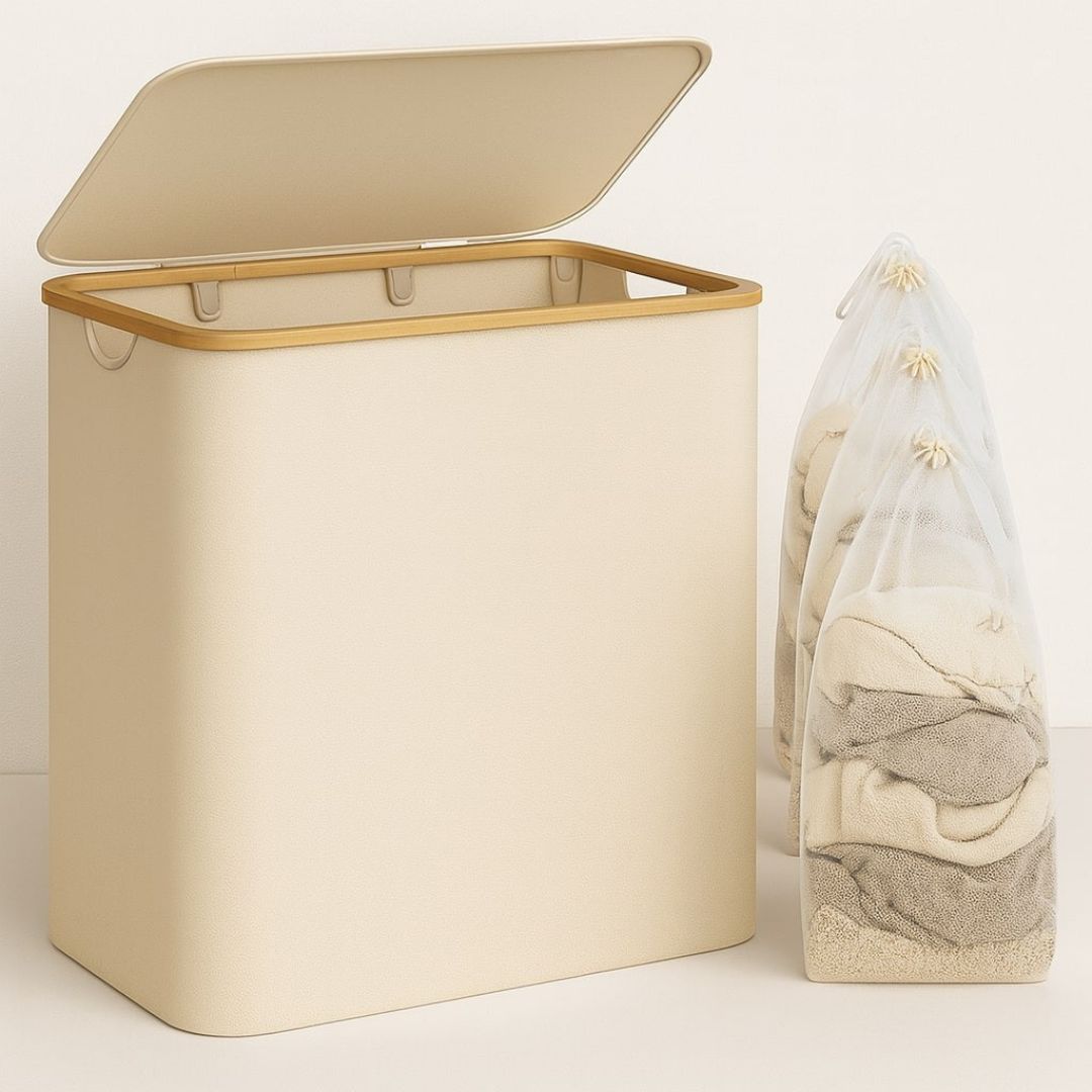 Wasmand met Deksel | Wasverzamelaar met 3 Vakken in Zwart, Beige & Grijs | WasBox