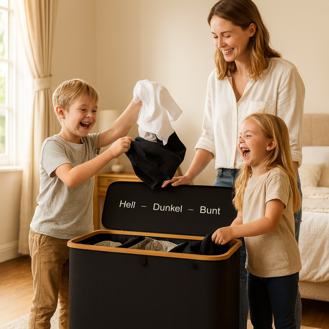 Wasmand met Deksel | Wasverzamelaar met 3 Vakken in Zwart, Beige & Grijs | WasBox
