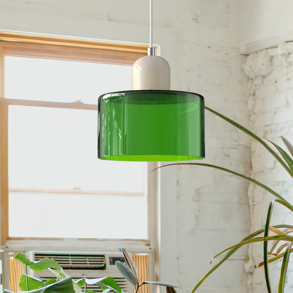 Moderne hanglamp van gekleurd glas in Bauhaus-stijl